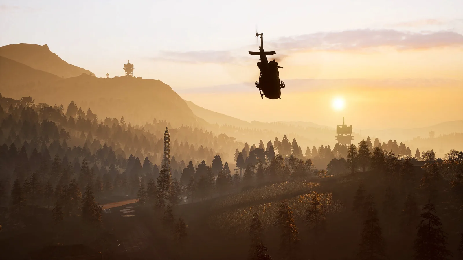 Official WARDOGS gameplay screenshot showing a helicopter flying over the mountain battlefield